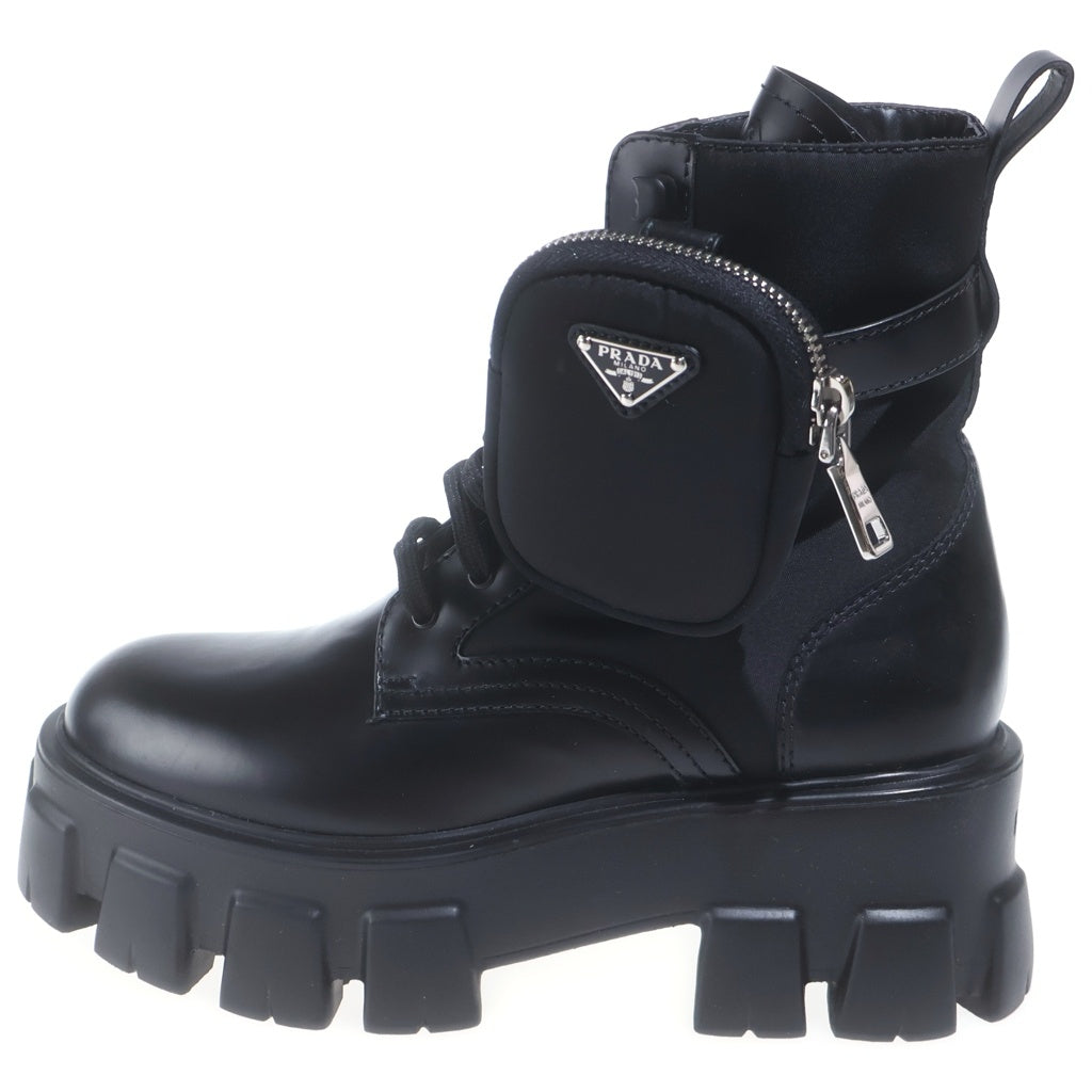 PRADA(プラダ) モノリス ポーチ付き レザーショートブーツ 革靴 シューズ Re-Nylon トライアングルロゴ ブラック 1T255M レディース