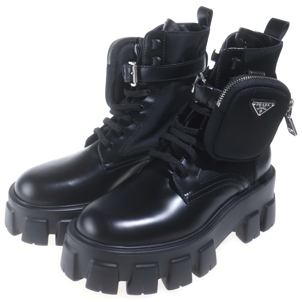 PRADA(プラダ) モノリス ポーチ付き レザーショートブーツ 革靴 シューズ Re-Nylon トライアングルロゴ ブラック 1T255M レディース