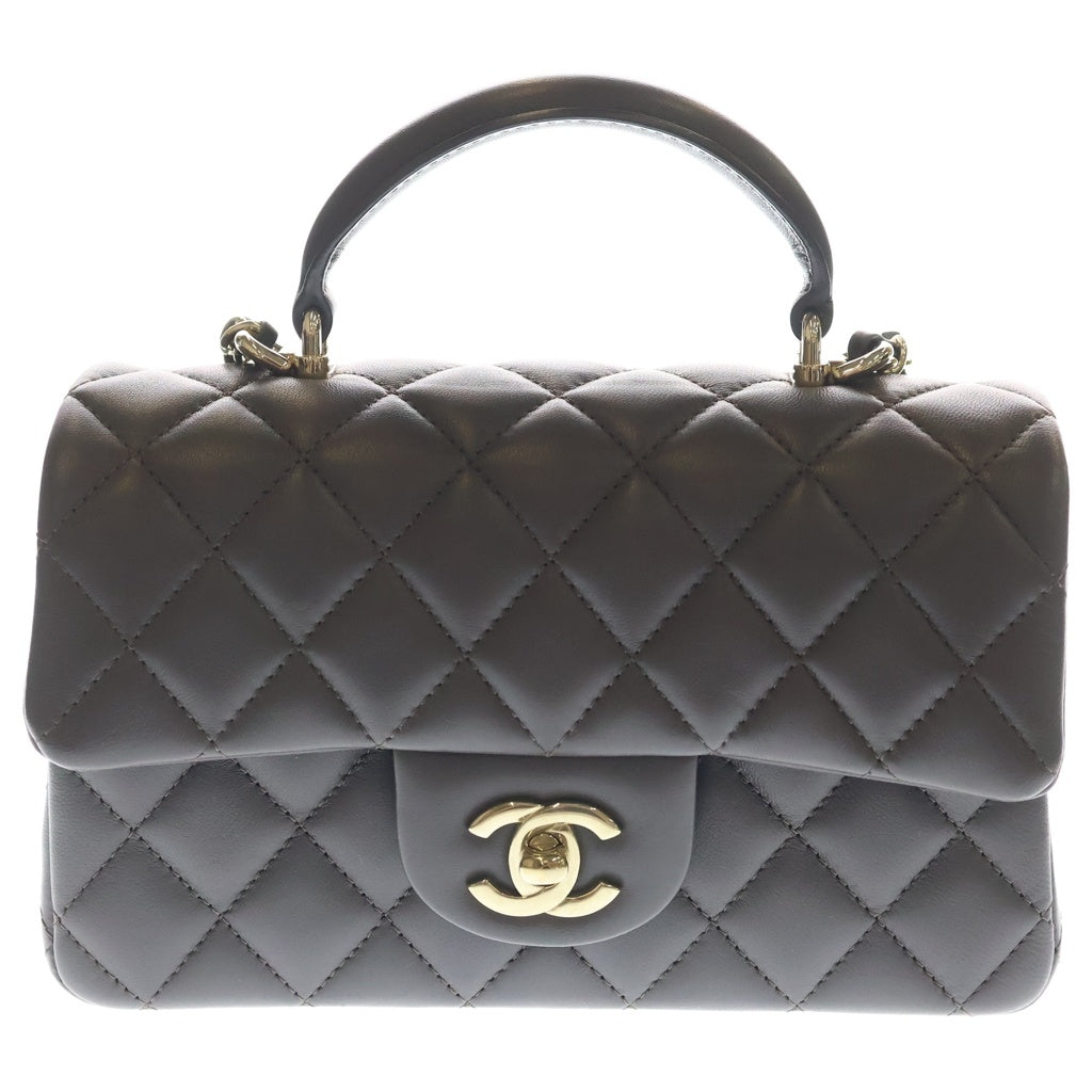 CHANEL(シャネル) マトラッセ20 トップハンドル シングルフラップ シングルチェーン ラムスキン ゴールド金具 チェーンショルダーバッグ プレート ブラウン AS2431 レディース