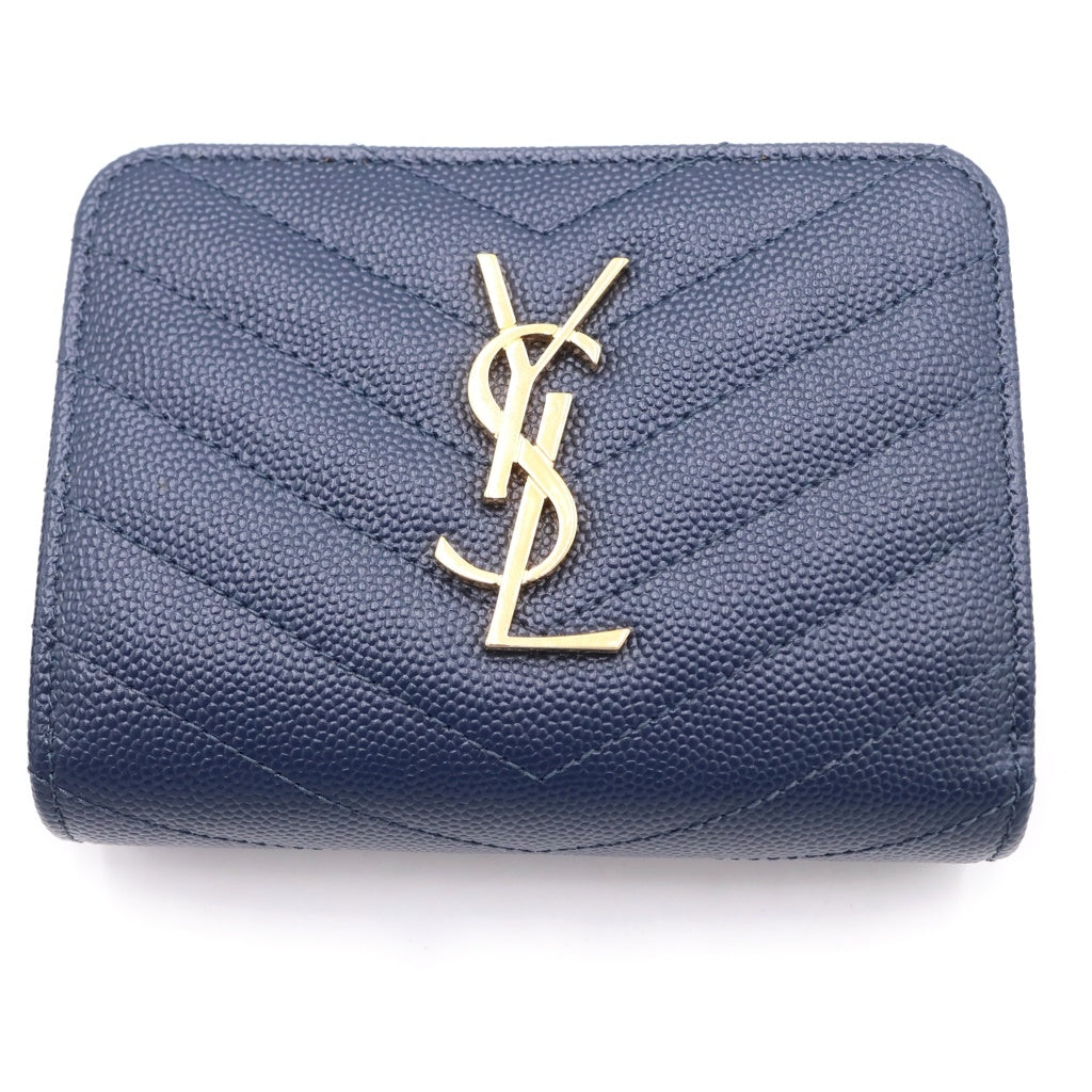 SAINT LAURENT PARIS(サンローランパリ) コンパクト ジップ アラウンド ウォレット カサンドラ YSLロゴ レザー ネイビー 403723 レディース