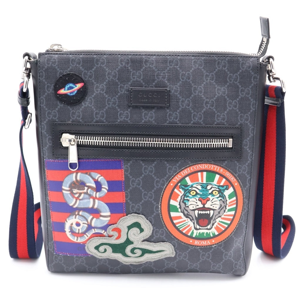 GUCCI(グッチ) GGスプリーム タイガー ワッペン クーリエ メッセンジャーバッグ ショルダーバッグ ブラック キャンバス×レザー 474137 シルバー金具 レディース