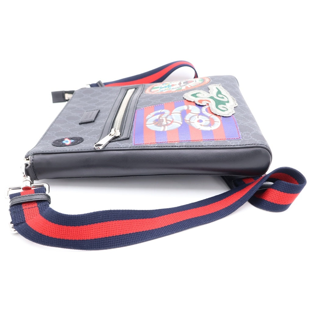 GUCCI(グッチ) GGスプリーム タイガー ワッペン クーリエ メッセンジャーバッグ ショルダーバッグ ブラック キャンバス×レザー 474137 シルバー金具 レディース