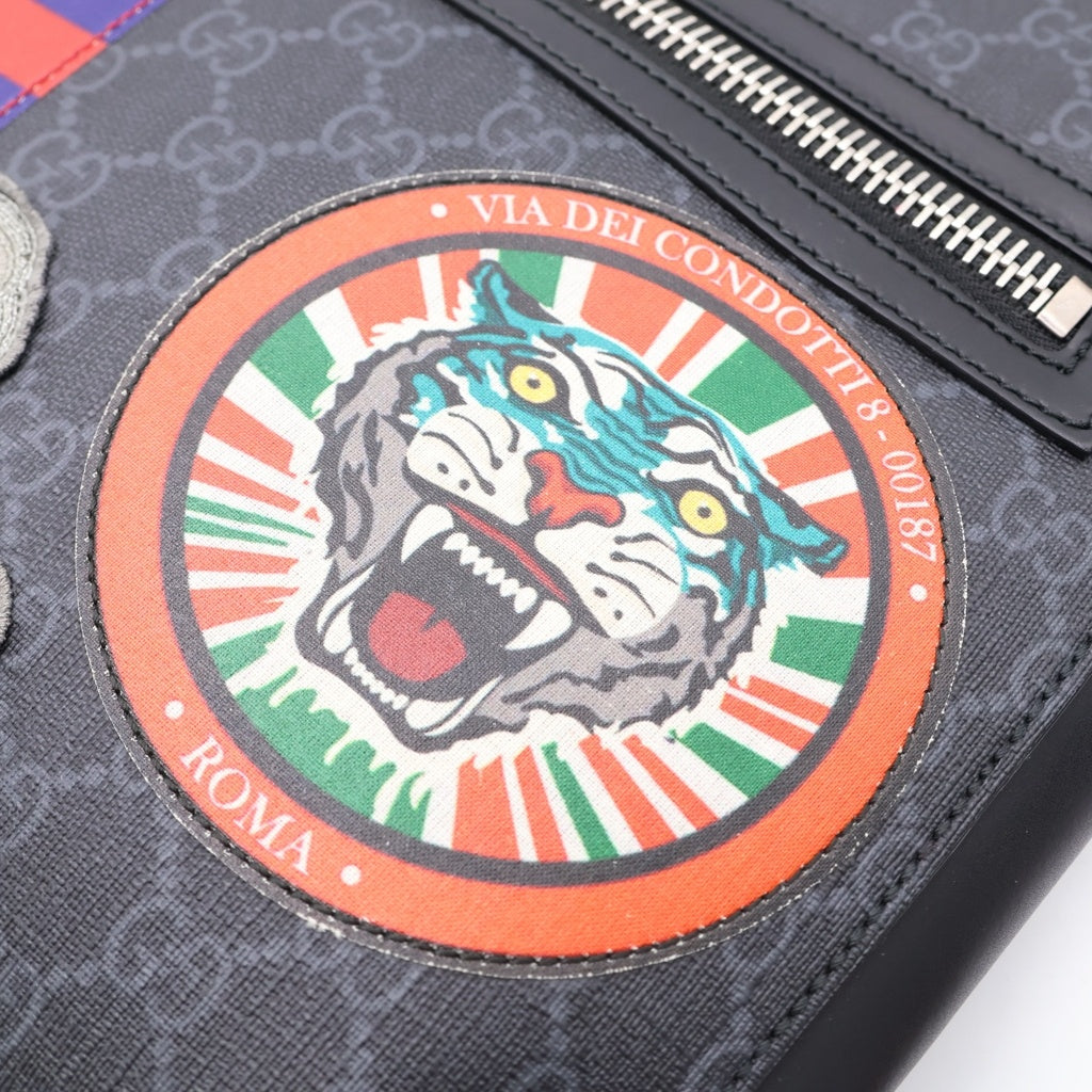 GUCCI(グッチ) GGスプリーム タイガー ワッペン クーリエ メッセンジャーバッグ ショルダーバッグ ブラック キャンバス×レザー 474137 シルバー金具 レディース