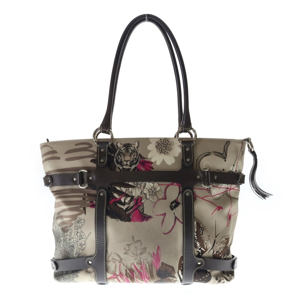 FERRAGAMO(フェラガモ) トートバッグ トラ柄 ハンドバッグ ブラウン レザー×ナイロン シルバー金具 レディース