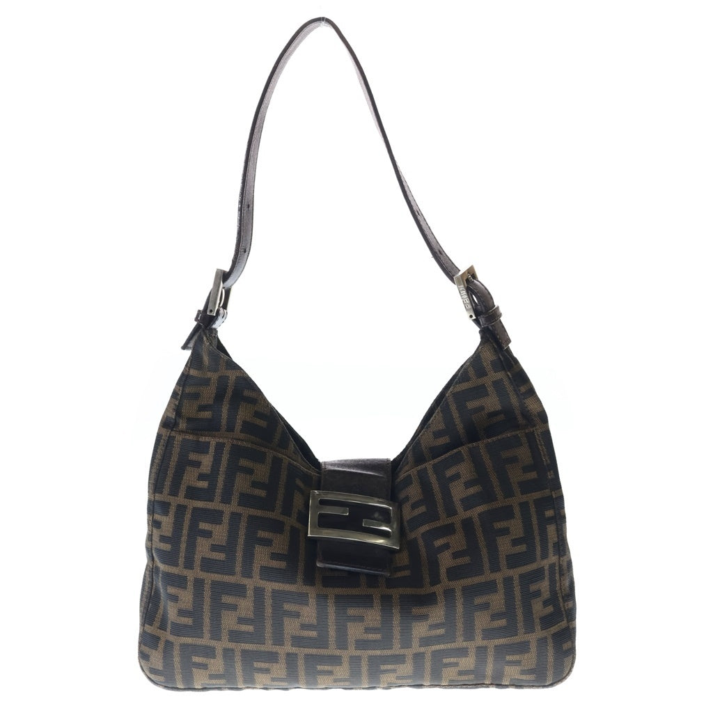FENDI(フェンディ) ハンドバッグ マンマバケット ズッカ柄 ワンショルダーバッグ ブラック×ブラウン ナイロン×レザー 265690 シルバー金具 レディース