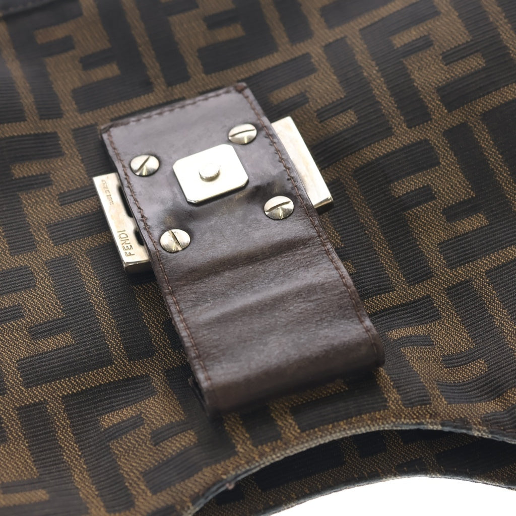 FENDI(フェンディ) ハンドバッグ マンマバケット ズッカ柄 ワンショルダーバッグ ブラック×ブラウン ナイロン×レザー 265690 シルバー金具 レディース