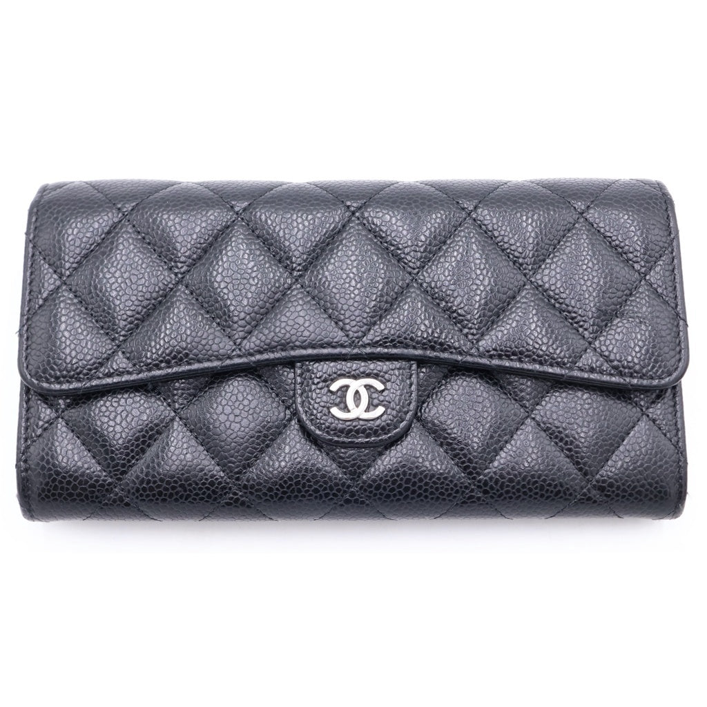 CHANEL(シャネル) マトラッセ クラシック ロング フラップ ウォレット キャビアスキン シルバー金具 ブラック AP0241 31番台 レディース