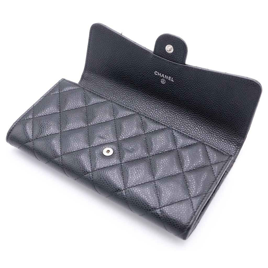 CHANEL(シャネル) マトラッセ クラシック ロング フラップ ウォレット キャビアスキン シルバー金具 ブラック AP0241 31番台 レディース