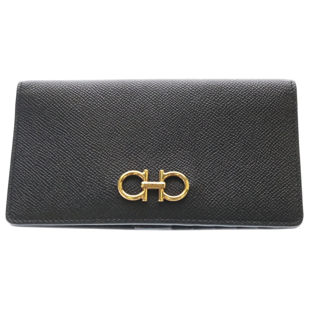 FERRAGAMO(フェラガモ) ガンチーニ レザー カードウォレット 二つ折り長財布 小銭入れ付き ブラック 22D779 レディース