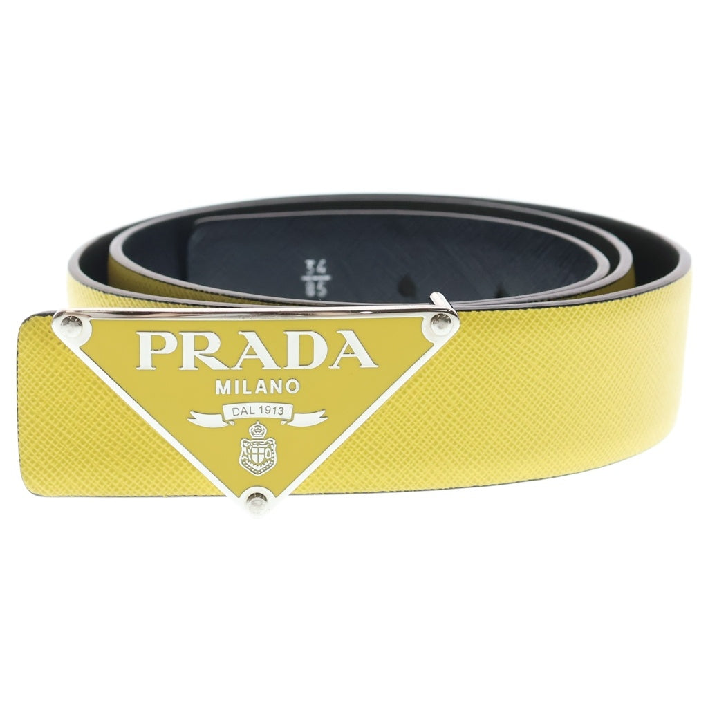 PRADA(プラダ) サフィアーノ トライアングルロゴ リバーシブル レザーベルト メタルバックル付き 34/85 イエロー/ブラック 2CA004/2CF014