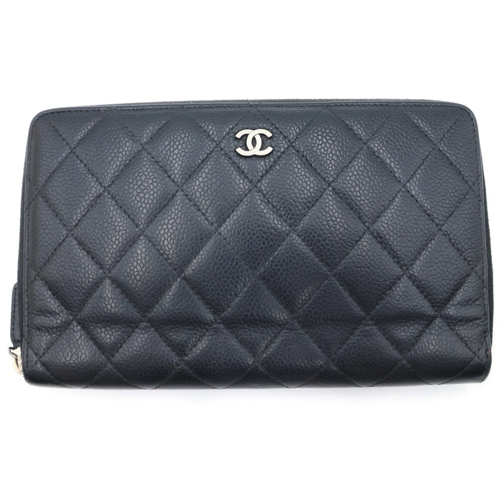CHANEL(シャネル) マトラッセ ラウンドジップウォレット キャビアスキン レザー シルバー金具 ブラック 16番台