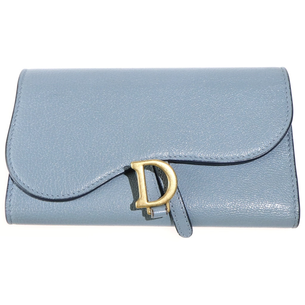 Christian Dior(クリスチャンディオール) サドル ロングウォレット 3つ折り財布 カードケース くすみブルー レザー S5680CCEH-M81B ゴールド金具 レディース