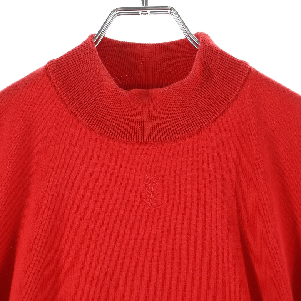 YVES SAINT LAURENT(イヴサンローラン) フロントロゴ刺繍 ハイネック 半袖ニット レッド #L SK39-093 レディース