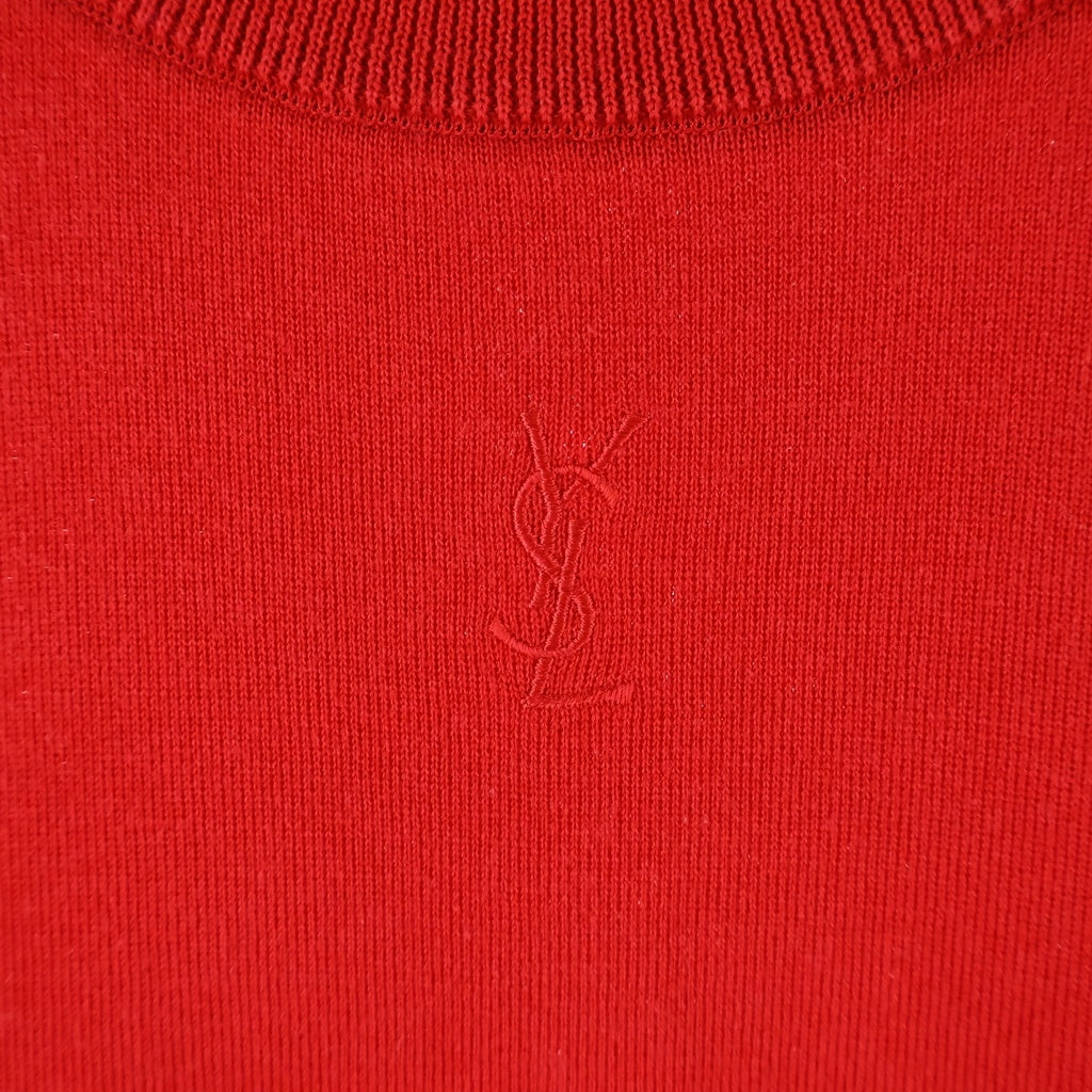 YVES SAINT LAURENT(イヴサンローラン) フロントロゴ刺繍 ハイネック 半袖ニット レッド #L SK39-093 レディース