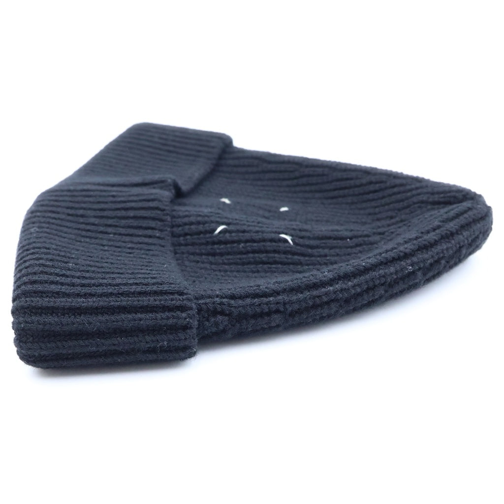 MM6 Maison Margiela(エムエムシックスメゾンマルジェラ) 24AW 4 Stitch KnitCap 四つタグ リブ編みニットキャップ ビーニー ニット帽 コットン ウール ブラック S50TC0051 レディース