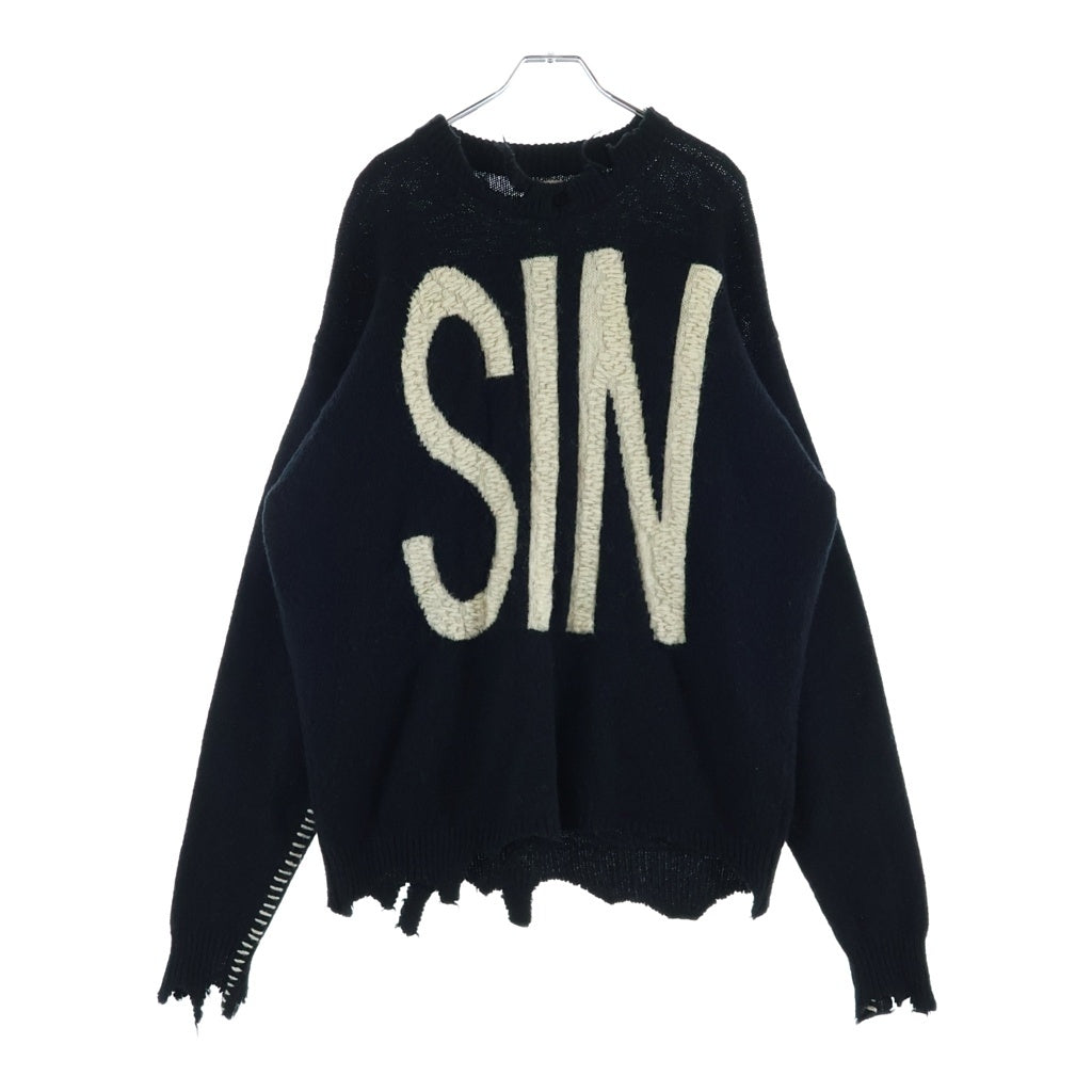 SAINT MICHAEL(セントマイケル) 21AW WOOL SWTER SIN Black ダメージ加工 ウールニット セーター 袖ステッチ ブラック/ホワイト SM-A21-0000-039