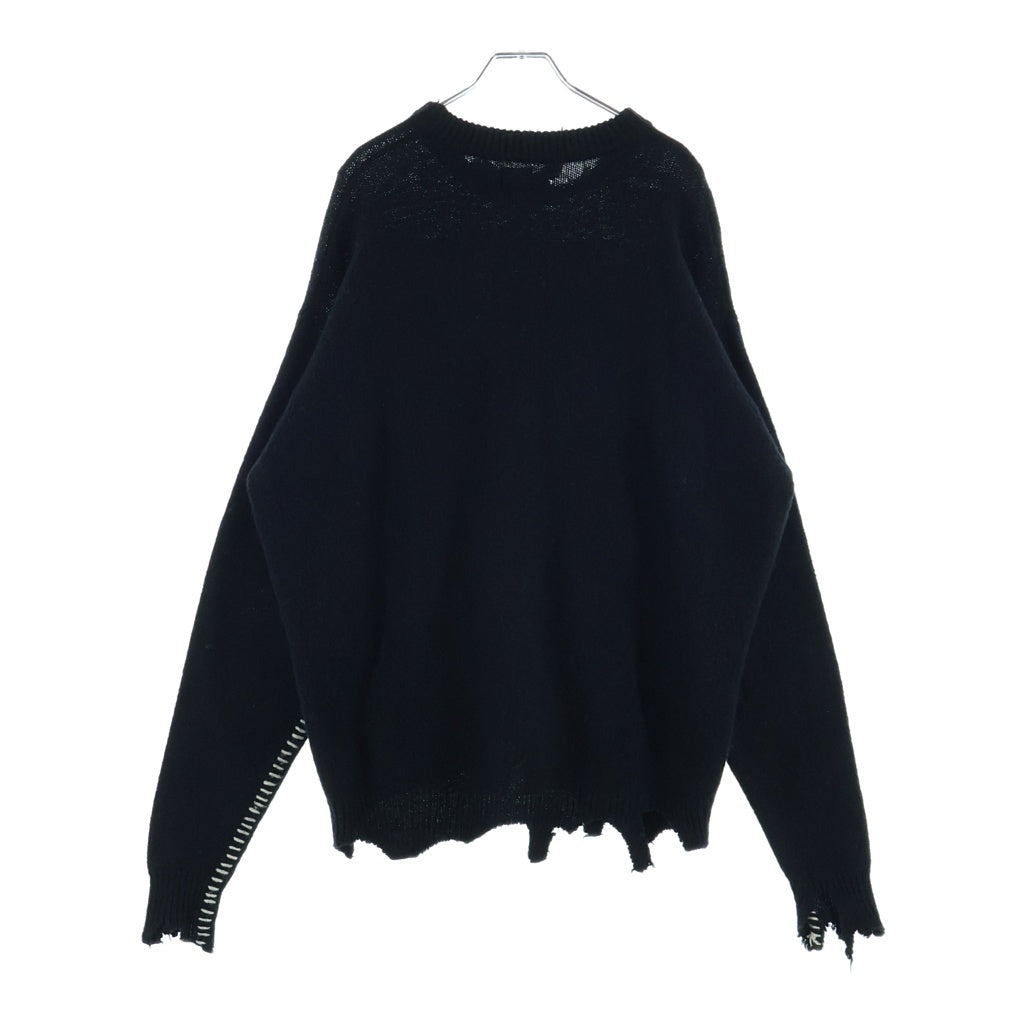 SAINT MICHAEL(セントマイケル) 21AW WOOL SWTER SIN Black ダメージ加工 ウールニット セーター 袖ステッチ ブラック/ホワイト SM-A21-0000-039