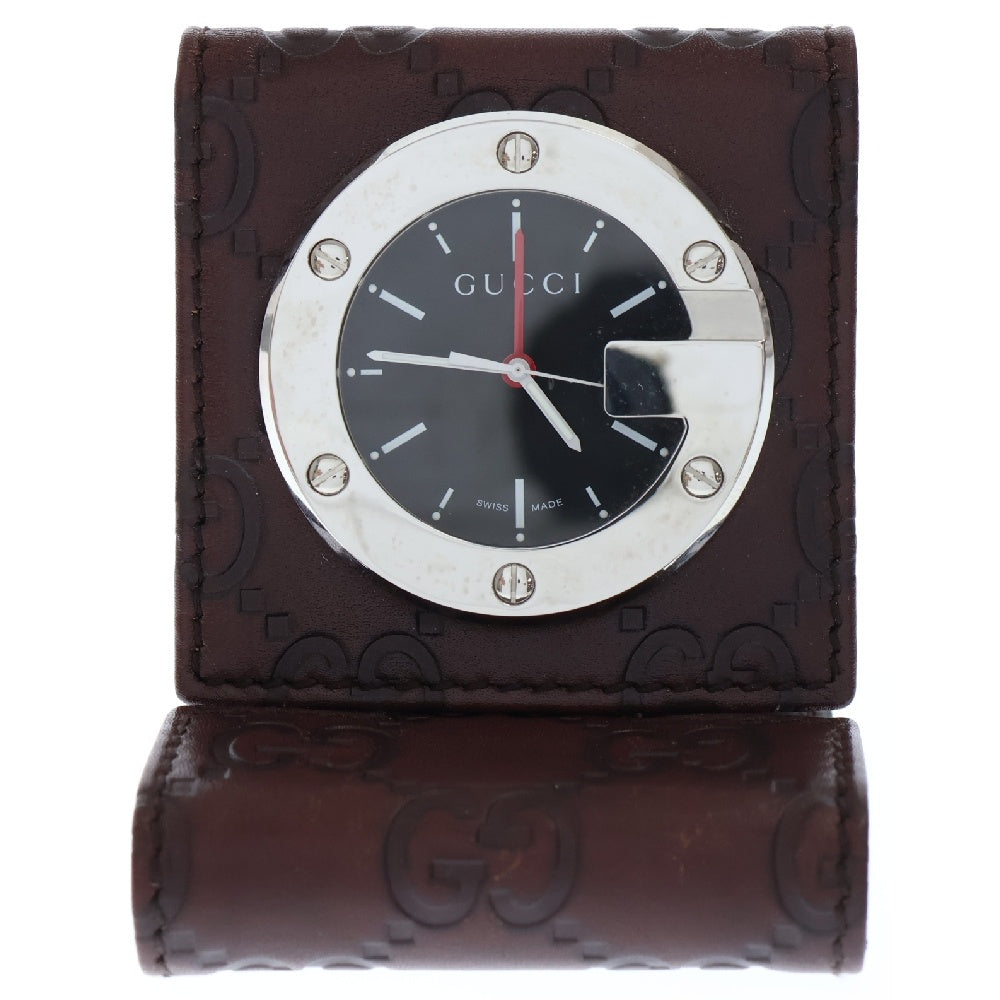 GUCCI(グッチ) 置き時計 トラベルウォッチ 黒文字盤 SS×レザー/QZ ステンレス クォーツ 200 グッチシマ ブラウン