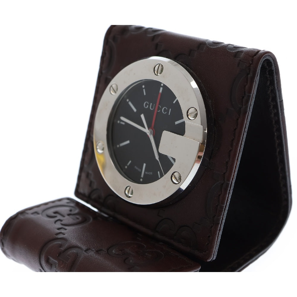 GUCCI(グッチ) 置き時計 トラベルウォッチ 黒文字盤 SS×レザー/QZ ステンレス クォーツ 200 グッチシマ ブラウン