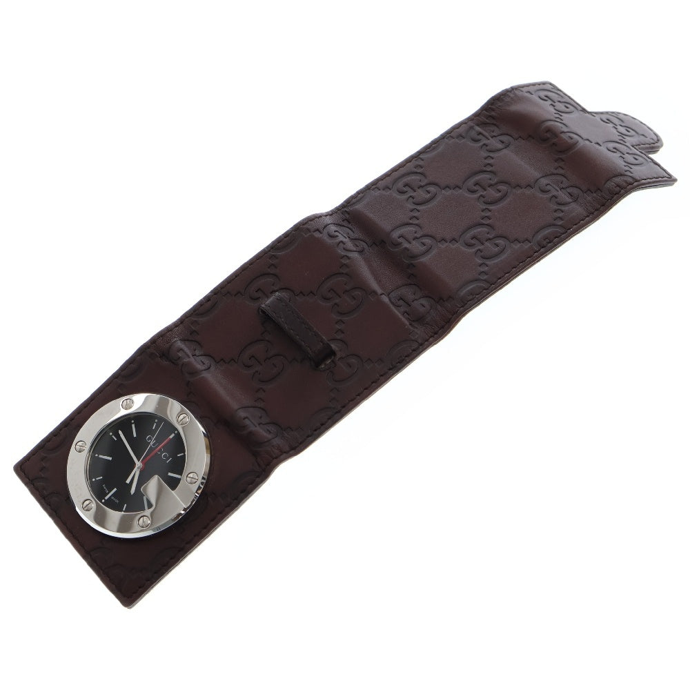 GUCCI(グッチ) 置き時計 トラベルウォッチ 黒文字盤 SS×レザー/QZ ステンレス クォーツ 200 グッチシマ ブラウン
