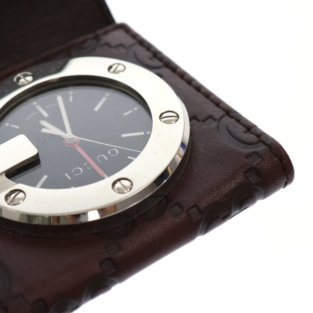 GUCCI(グッチ) 置き時計 トラベルウォッチ 黒文字盤 SS×レザー/QZ ステンレス クォーツ 200 グッチシマ ブラウン