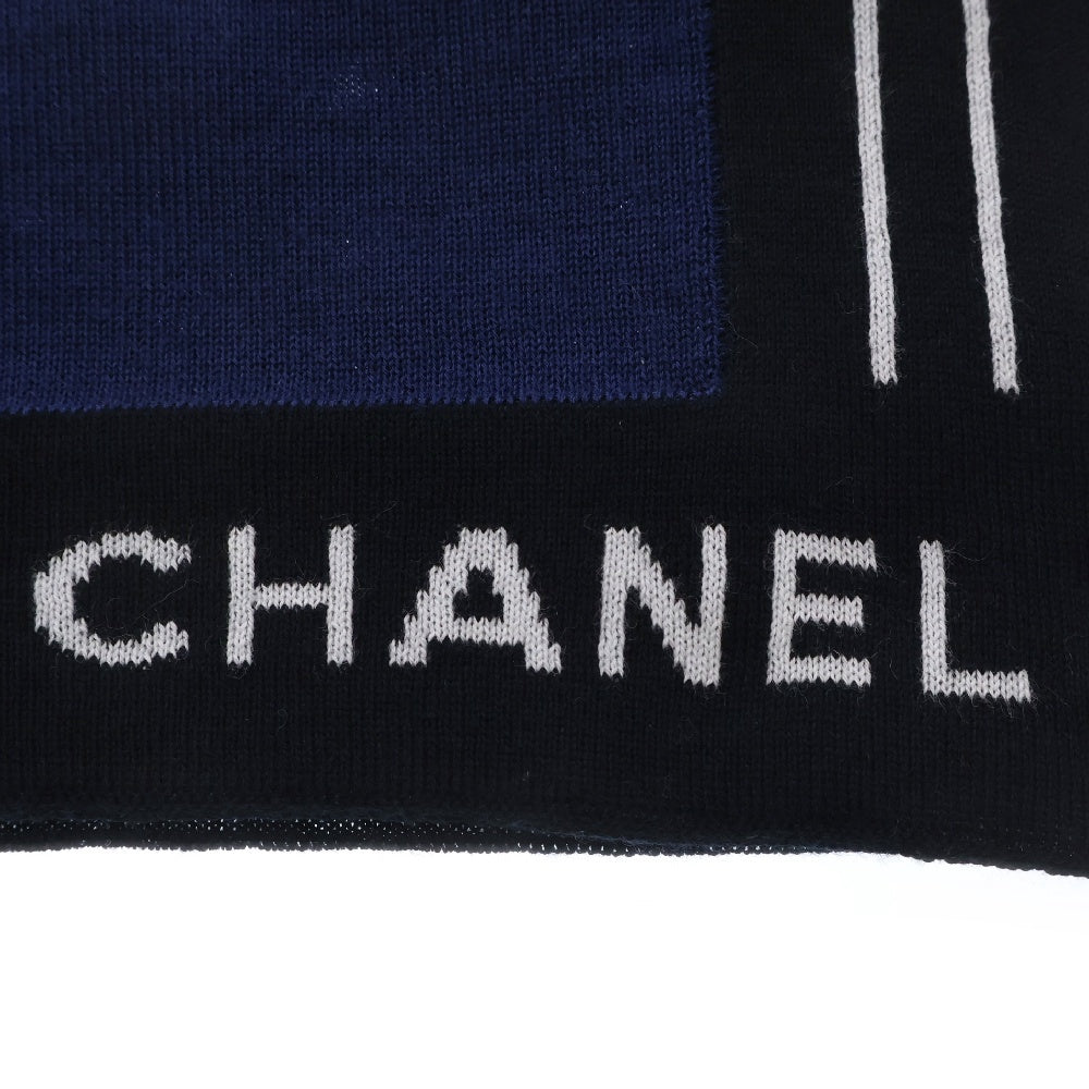 CHANEL(シャネル) ストール ロゴプリント ブルー×ブラック ウール×カシミヤ マフラー