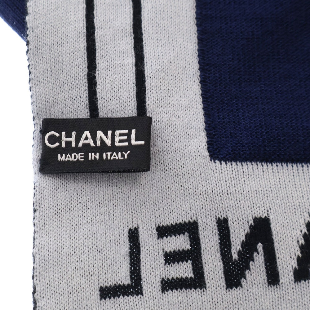 CHANEL(シャネル) ストール ロゴプリント ブルー×ブラック ウール×カシミヤ マフラー
