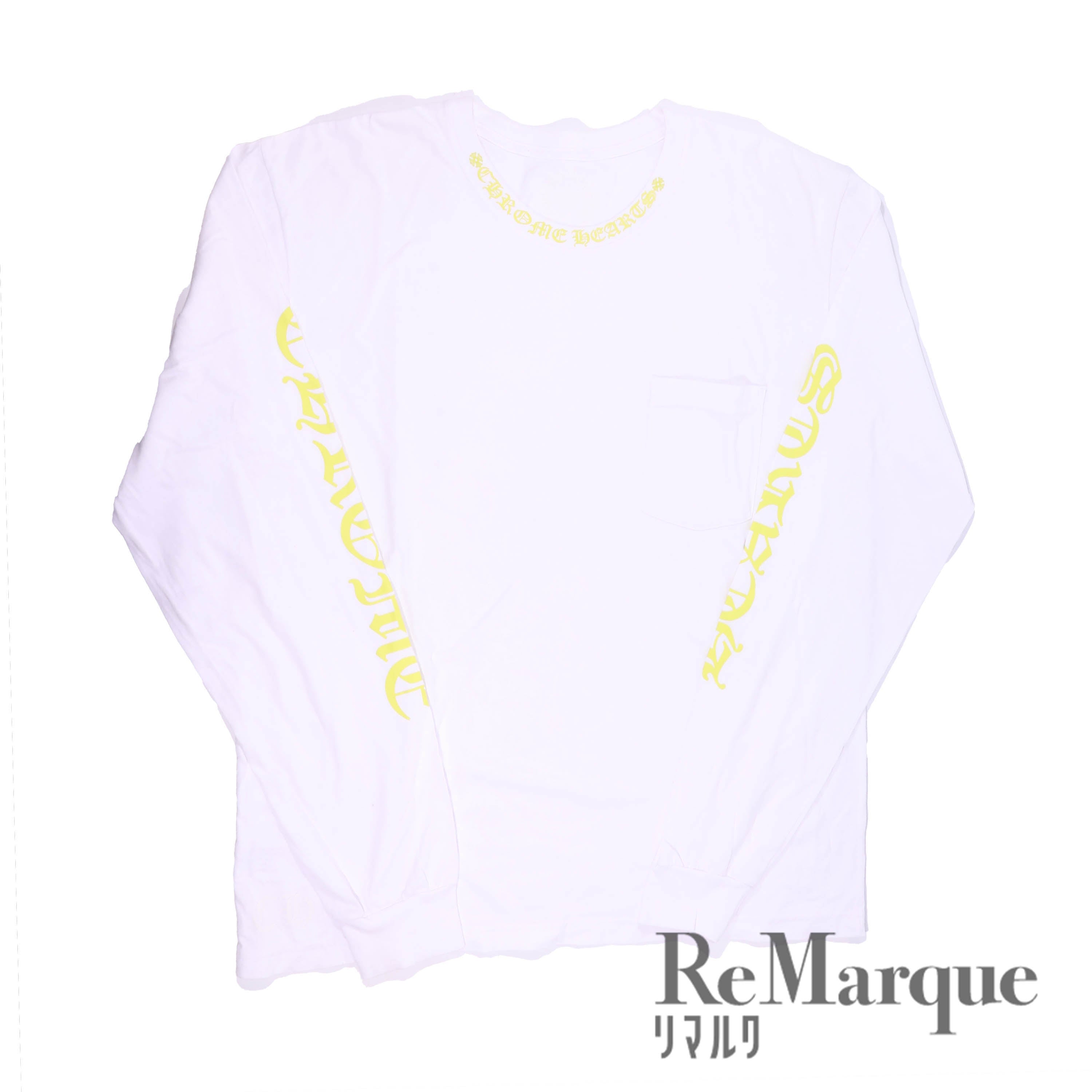 CHROME HEARTS(クロムハーツ) ネックロゴ アームデザイン バックスクロールラベル長袖Tシャツ ホワイト/イエロー