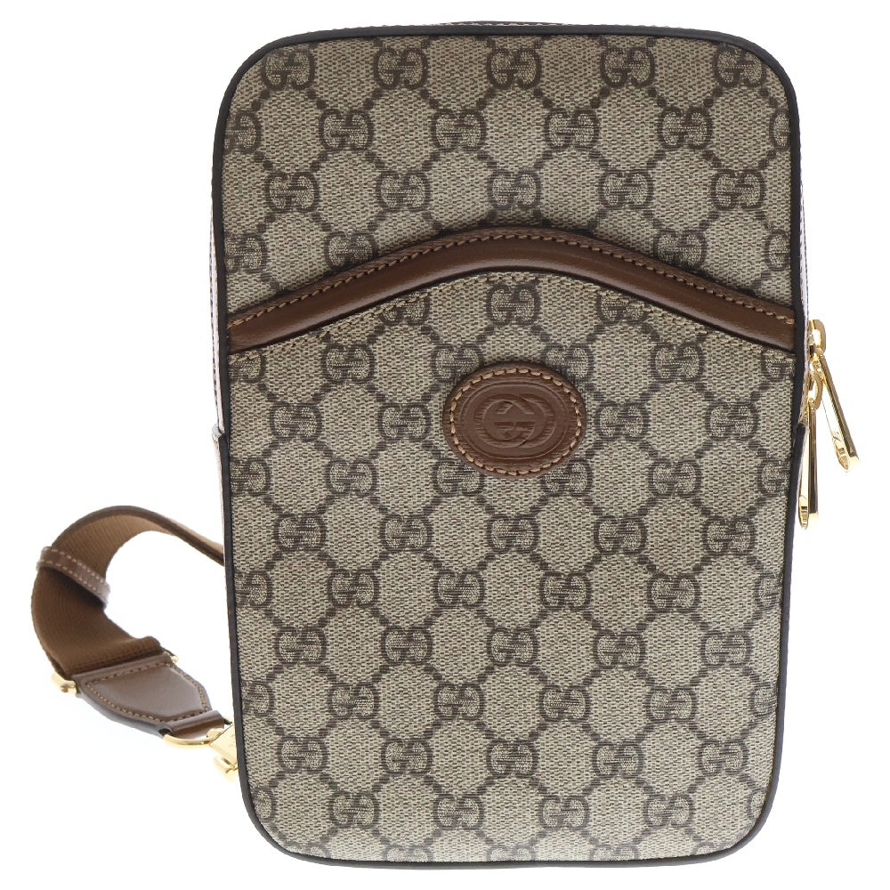 GUCCI(グッチ) GGスプリーム インターロッキング ショルダーバッグ ベージュ×ブラウン PVC×レザー ウエストバッグ 696016