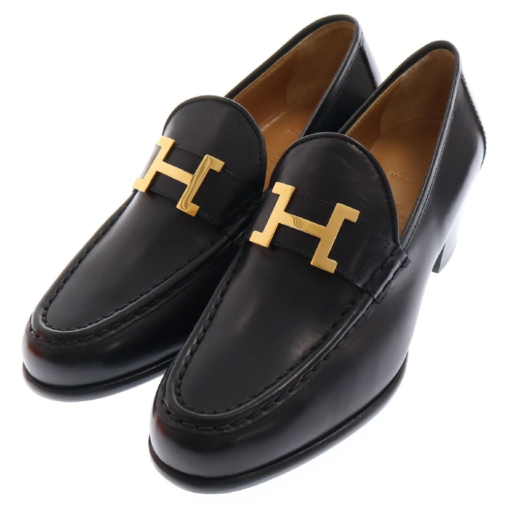 HERMES(エルメス) コンスタンス チャンキーヒール ローファー シューズ ブラック レザー 37 ゴールド金具 レディース