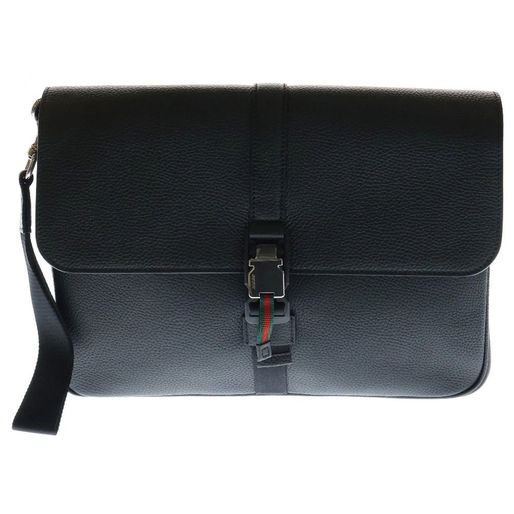 GUCCI(グッチ) ウェブ ストライプ付き ミディアム ビジネスケース 黒 レザー セカンドバッグ 816755