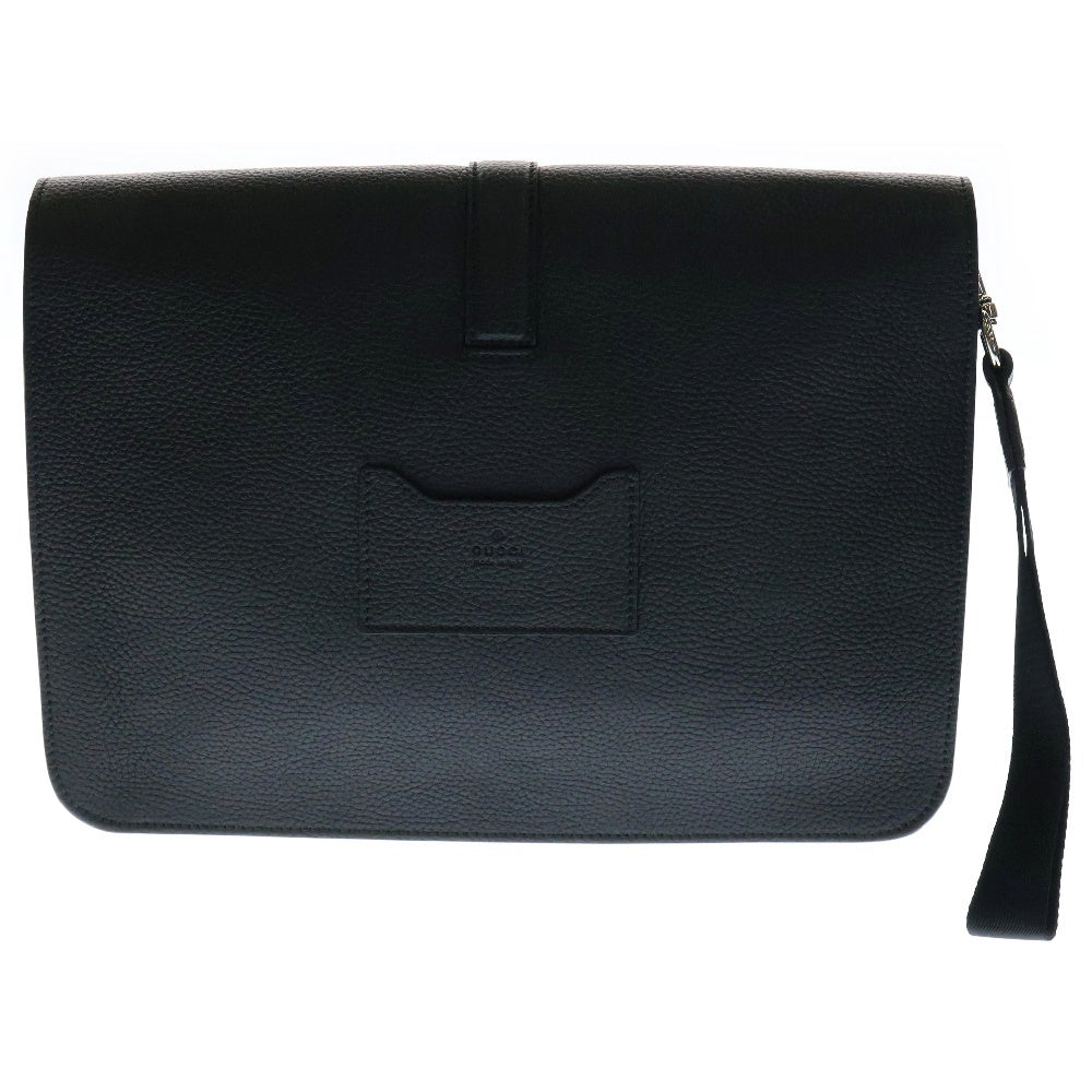 GUCCI(グッチ) ウェブ ストライプ付き ミディアム ビジネスケース 黒 レザー セカンドバッグ 816755