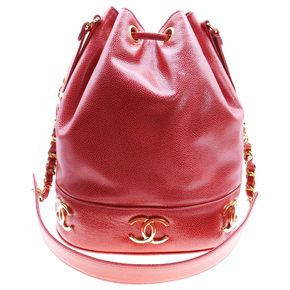 CHANEL(シャネル) ココマーク 巾着バッグ ショルダーバッグ レッド ゴールド金具 キャビアスキン