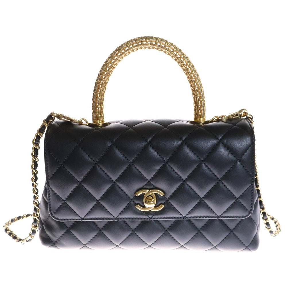 CHANEL(シャネル) マトラッセ トップハンドル チェーン 2WAY ハンドバッグ ショルダーバッグ ラムスキン ゴールド金具 ブラック レザー