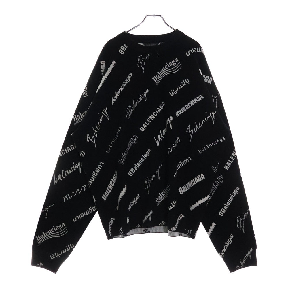 BALENCIAGA(バレンシアガ) Logomania All Over Sweater ロゴマニア ウール クルーネックニットセーター ブラック