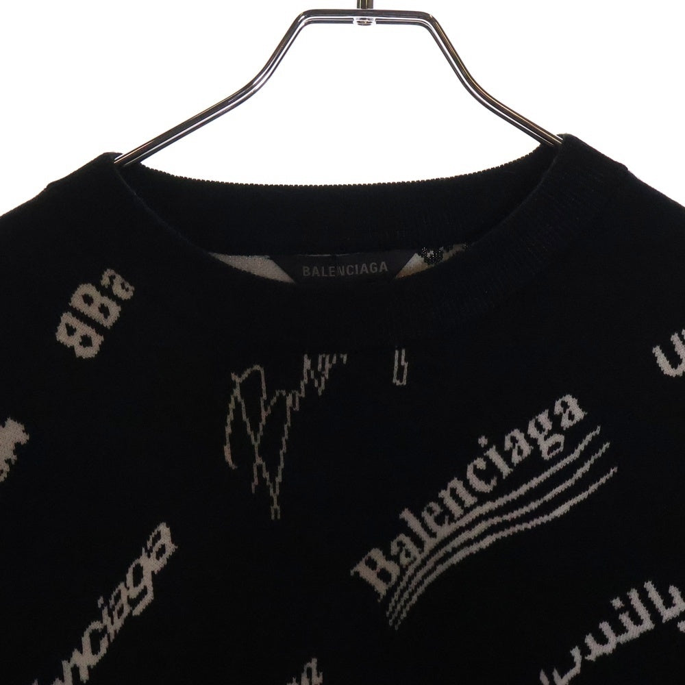BALENCIAGA(バレンシアガ) Logomania All Over Sweater ロゴマニア ウール クルーネックニットセーター ブラック