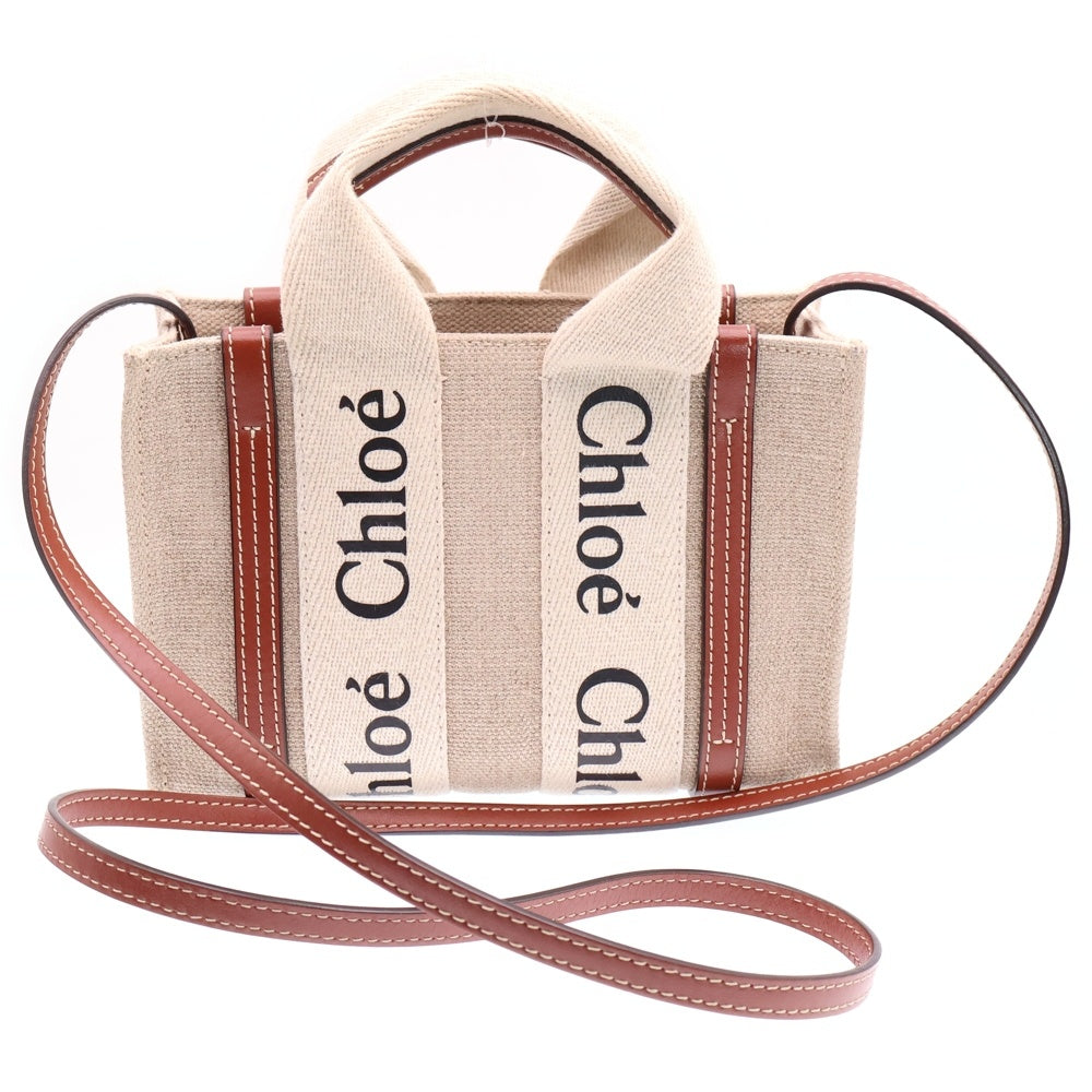 Chloe(クロエ) WOODY ウッディミニ トート キャンバス レザー ショルダーバッグ ベージュ/ブラウン レディース CHC22AS397I2690U