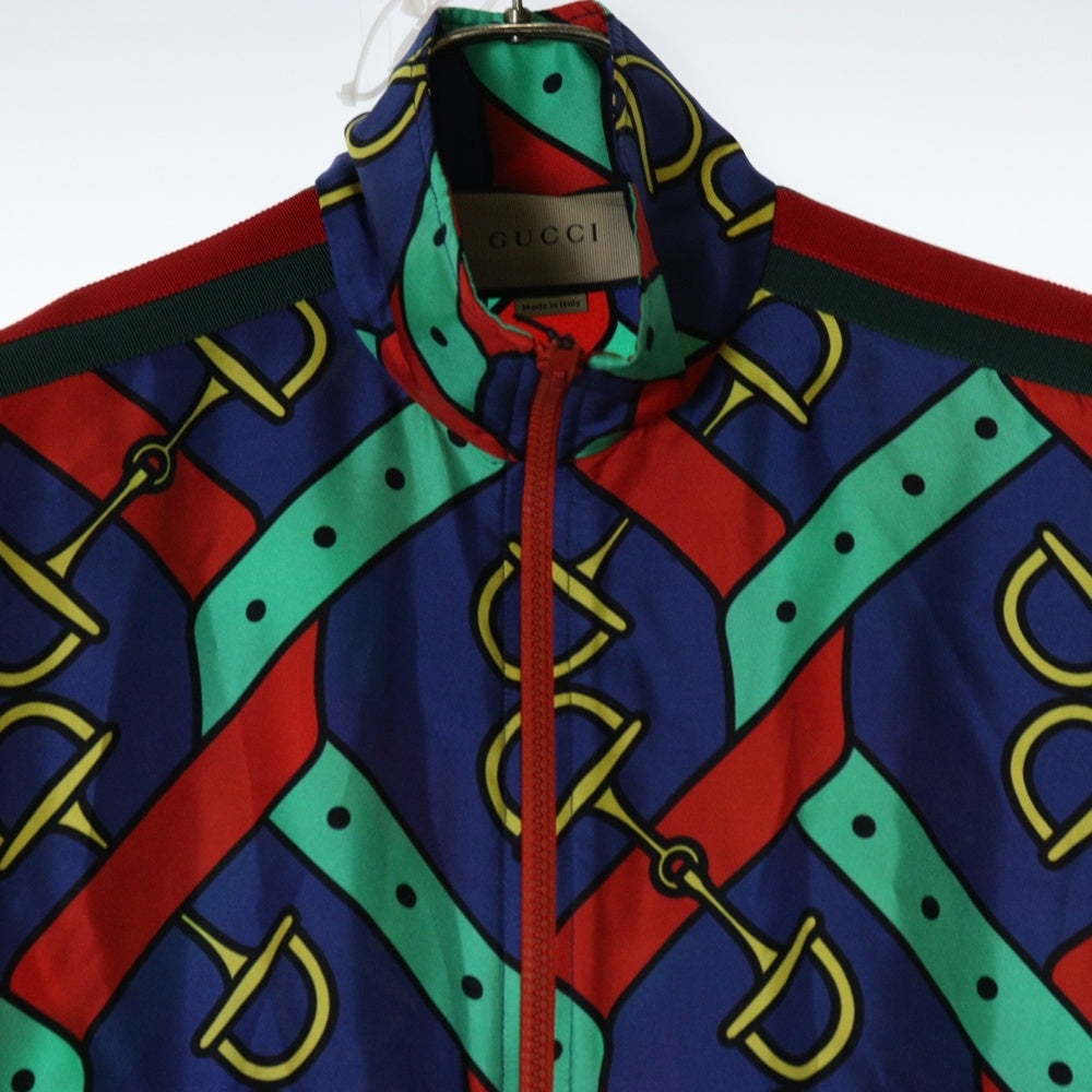 GUCCI(グッチ) 24SS ウェブ シェリーライン ホースビットプリント総柄 シルク ジップアップジャケット レッド/ブルー 743005 XJFJF