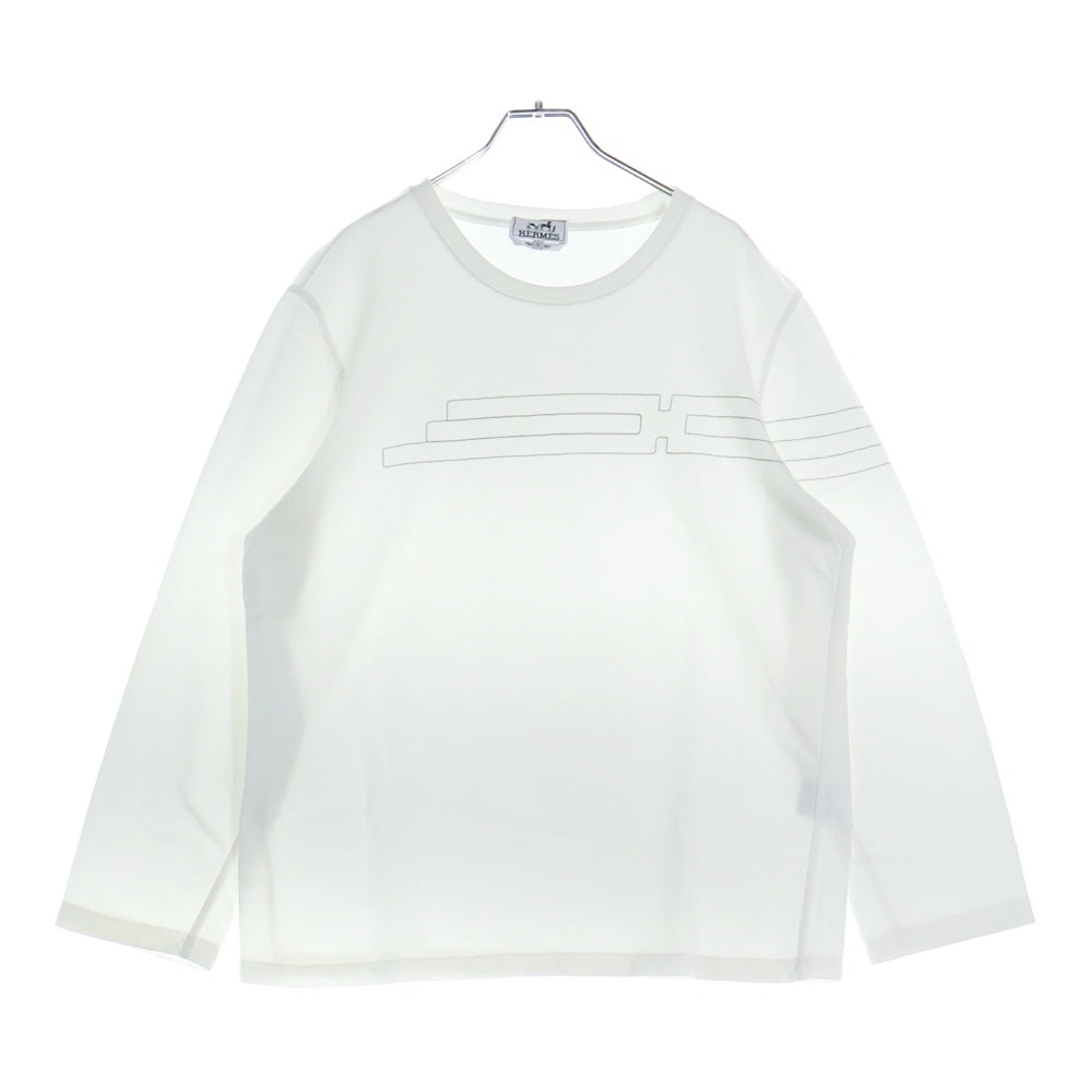 HERMES(エルメス) Hロゴ ステッチ デザイン クルーネック ロングスリーブ 長袖 Tシャツ カットソー ホワイト