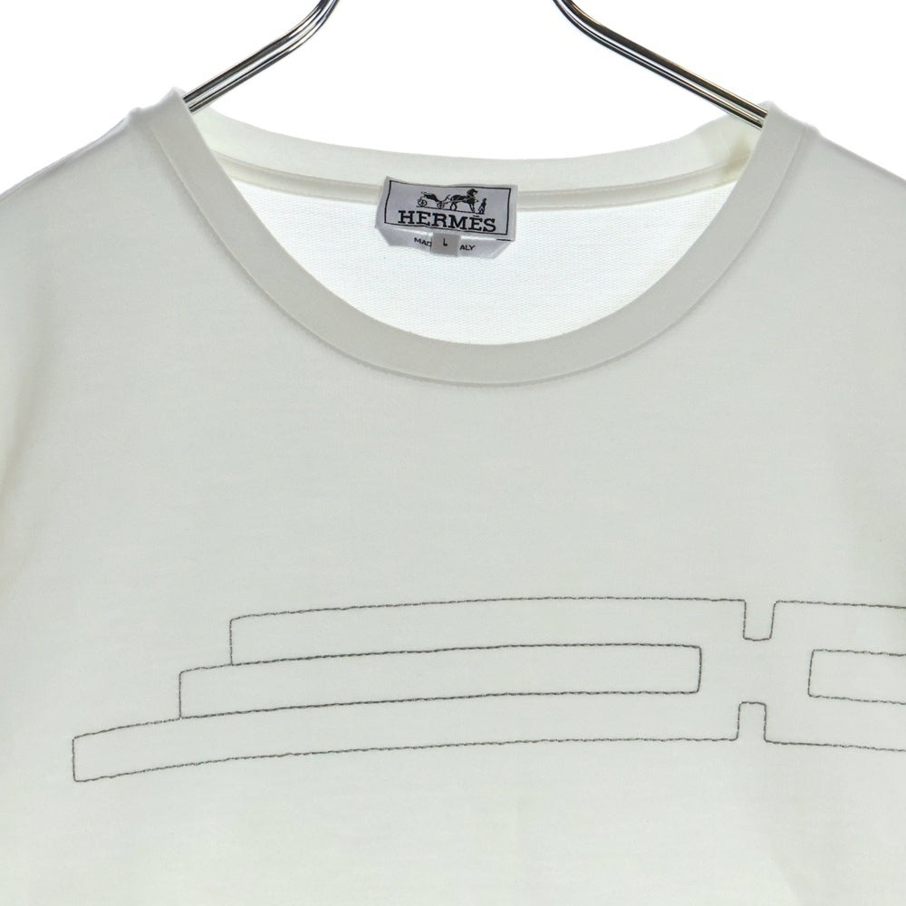 HERMES(エルメス) Hロゴ ステッチ デザイン クルーネック ロングスリーブ 長袖 Tシャツ カットソー ホワイト