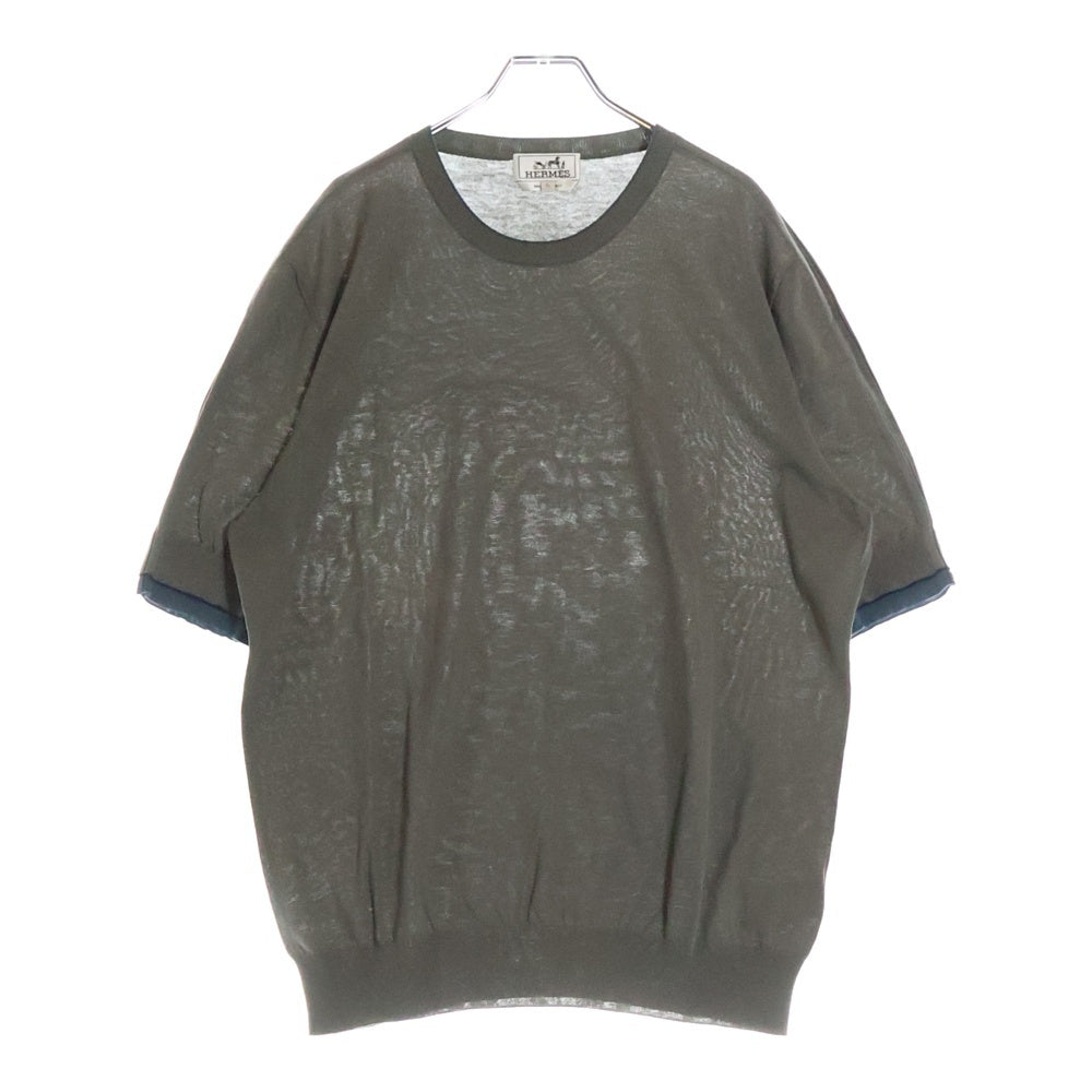 HERMES(エルメス) ショルダー リブ コットンニット クルーネック 半袖Tシャツ カットソー カーキ