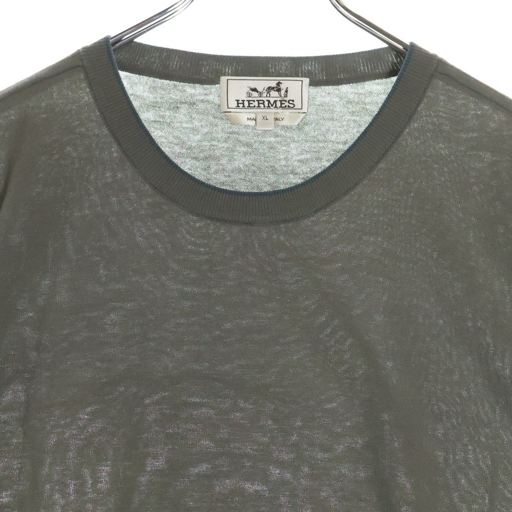 HERMES(エルメス) ショルダー リブ コットンニット クルーネック 半袖Tシャツ カットソー カーキ