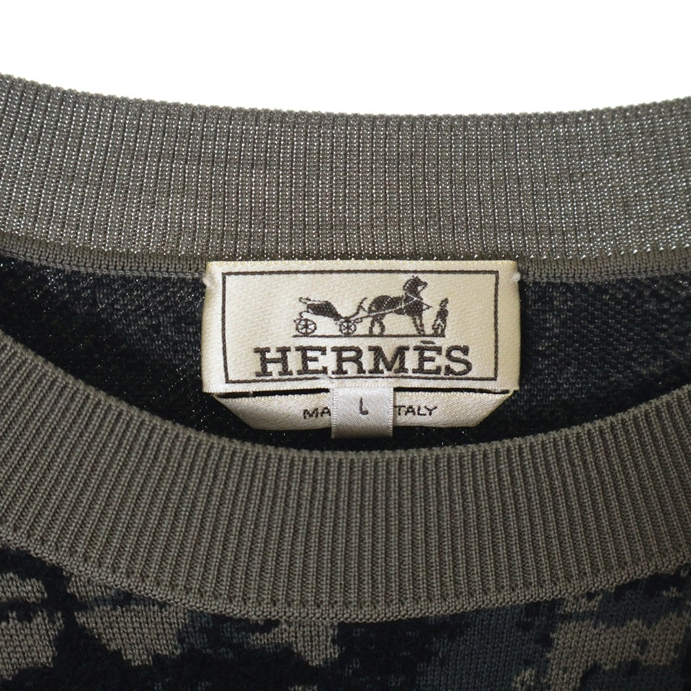 HERMES(エルメス) ジャガード 総柄 クルーネック ロングスリーブ 長袖ニット セーター カーキ