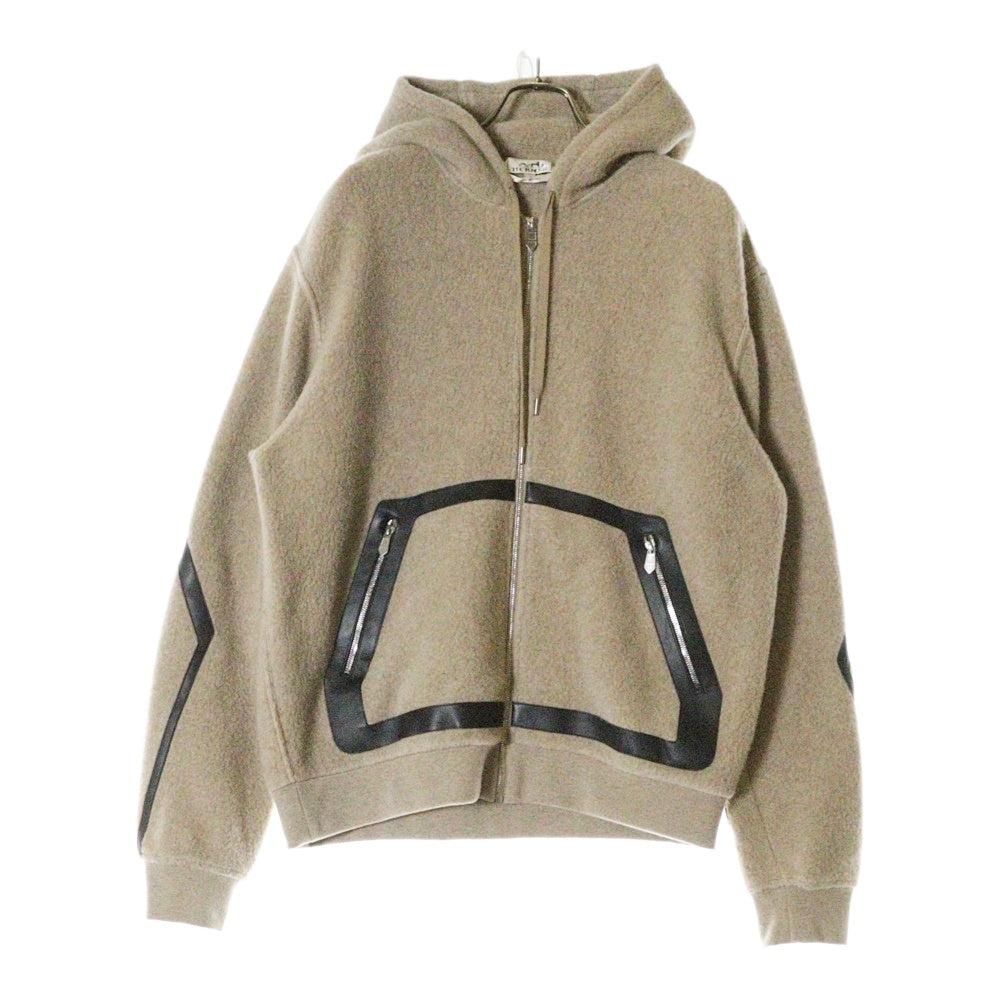 HERMES(エルメス) レザーパッチ カシミヤ混 ウール ニット ジップアップ パーカー フーディー ベージュ ブラウン