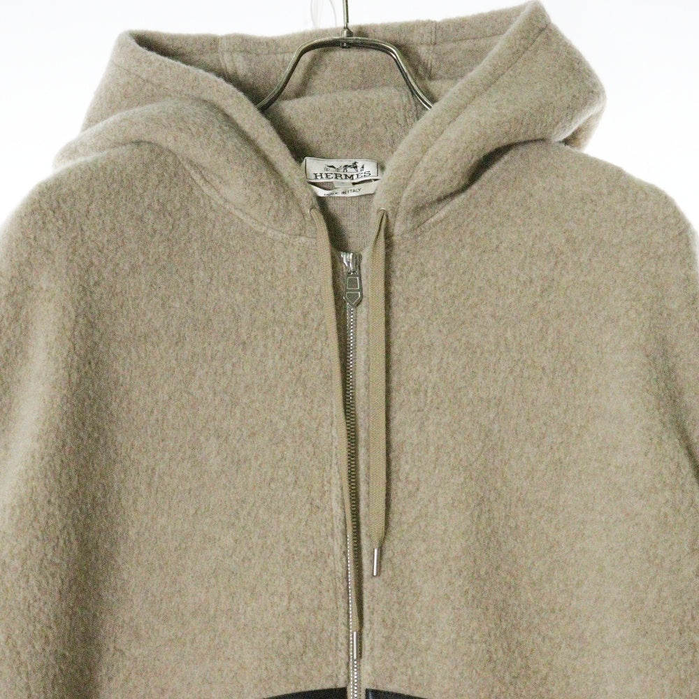 HERMES(エルメス) レザーパッチ カシミヤ混 ウール ニット ジップアップ パーカー フーディー ベージュ ブラウン