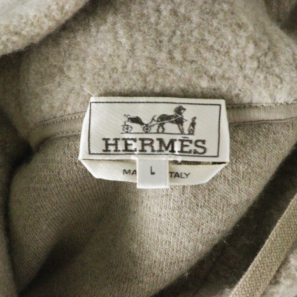 HERMES(エルメス) レザーパッチ カシミヤ混 ウール ニット ジップアップ パーカー フーディー ベージュ ブラウン