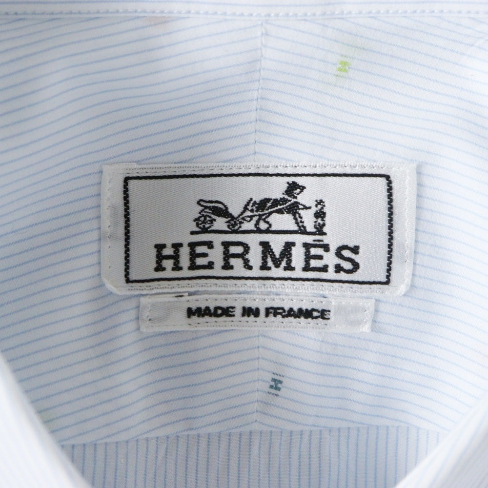 HERMES(エルメス) Hロゴ刺繍 ストライプ総柄 セリエボタン レギュラーカラー ロングスリーブ 長袖シャツ ライトブルー