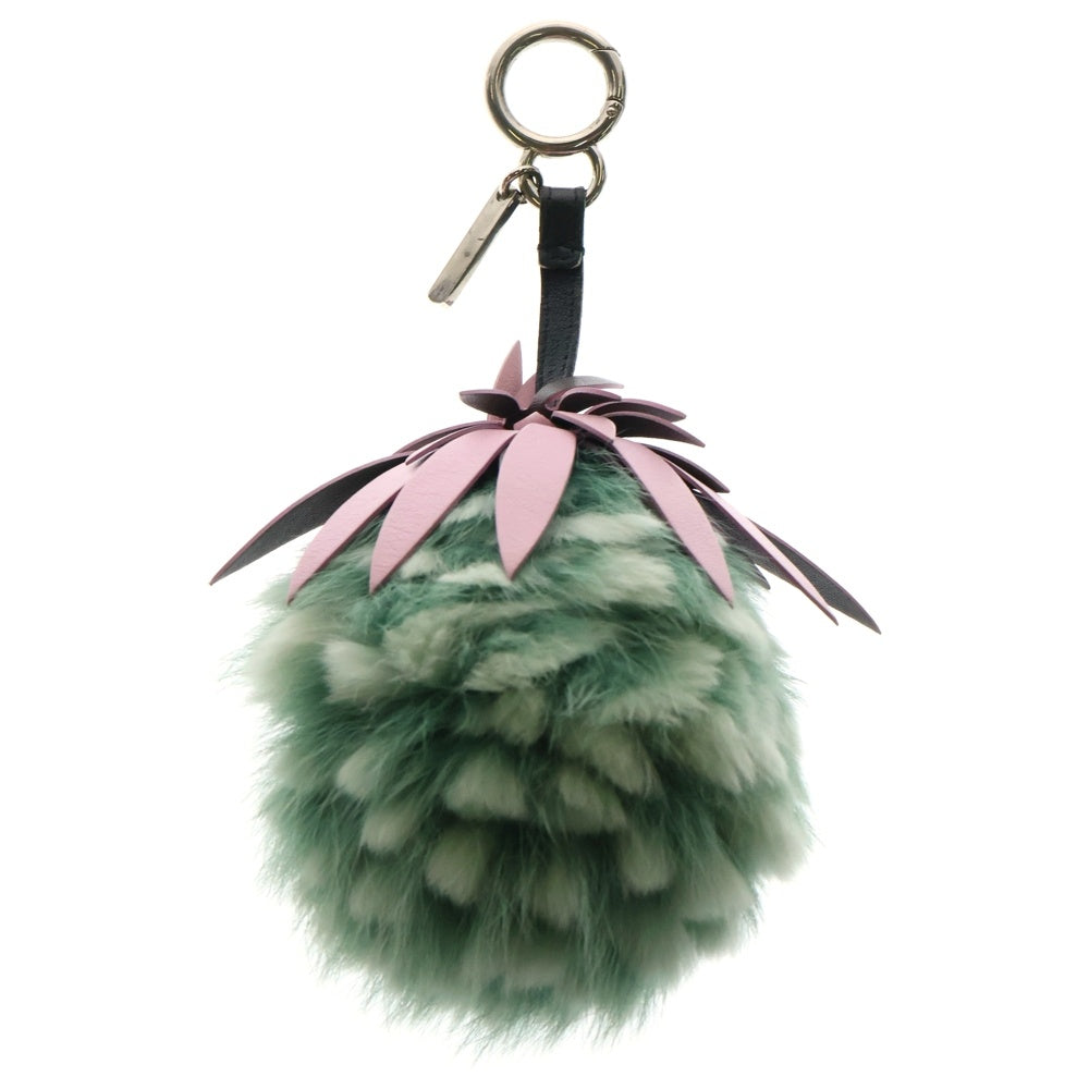FENDI(フェンディ) フルーツバッグチャーム パイナップルモチーフ バッグチャーム キーホルダー シルバー金具 グリーン×ピンク シャドウフォックス×レザー