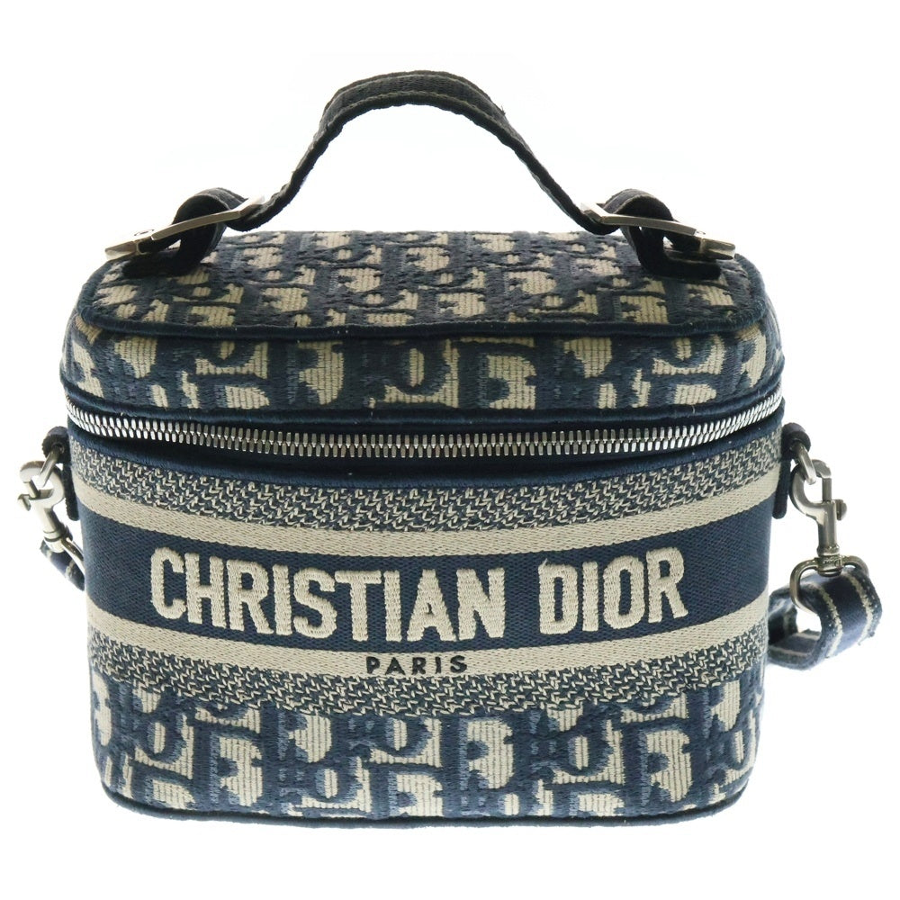 Christian Dior(クリスチャンディオール) オブリーク バニティ 2WAYバッグ ハンドバッグ ショルダーバッグ メイクポーチ ミニバッグ キャンバス シルバー金具 ネイビー×ホワイト