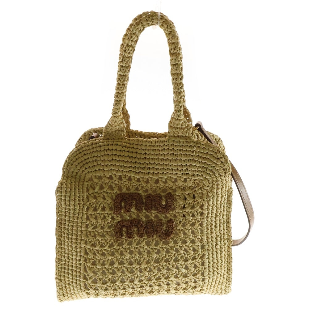 miumiu(ミュウミュウ) ラフィア エフェクトウーブン 2WAYトートバッグ ハンドバッグ ショルダーバッグ ミニバッグ ブラウン×ベージュ ゴールド金具
